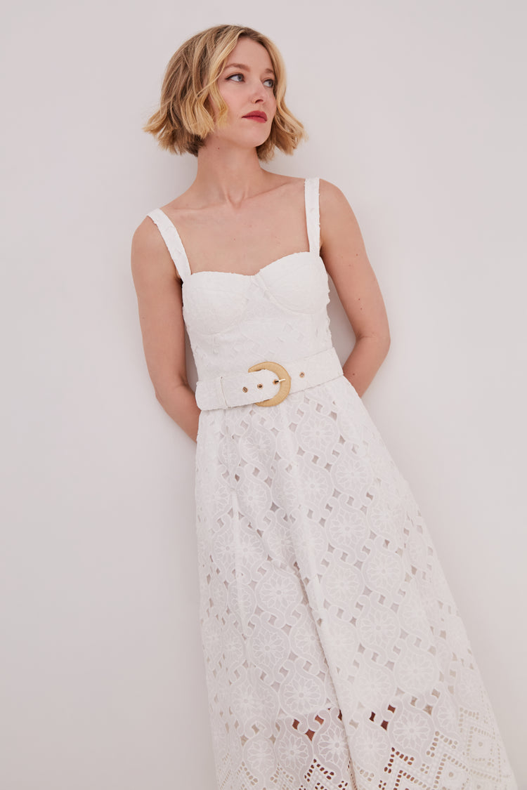 knee length dresses for ladies Calypso Bustier Midi Dress in Eyelet