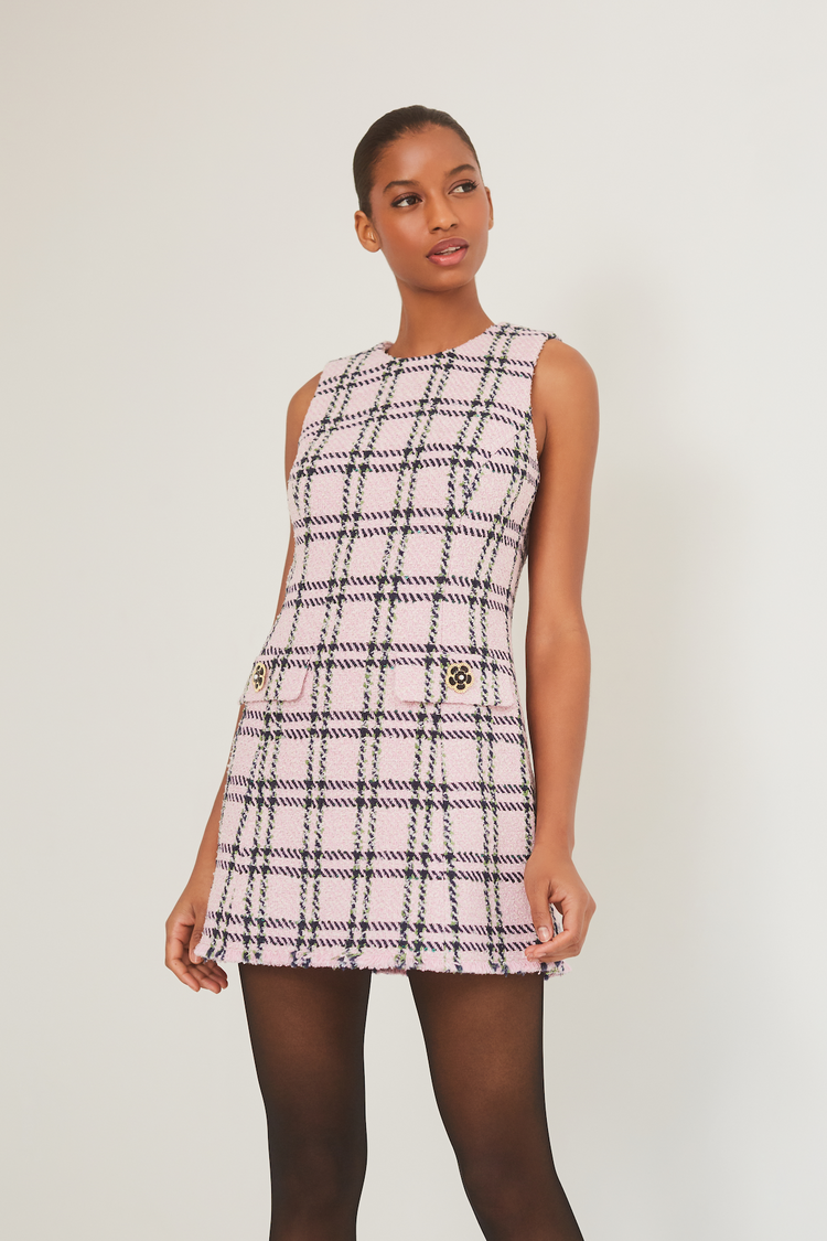 strapless open back dress Cara Cara Posie Dress 2 / Pink Green Boucle Plaid