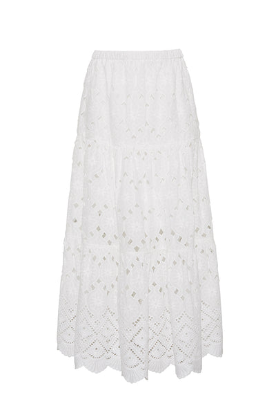 Melanie Tiered Midi Skirt in Eyelet | Cara Cara New York