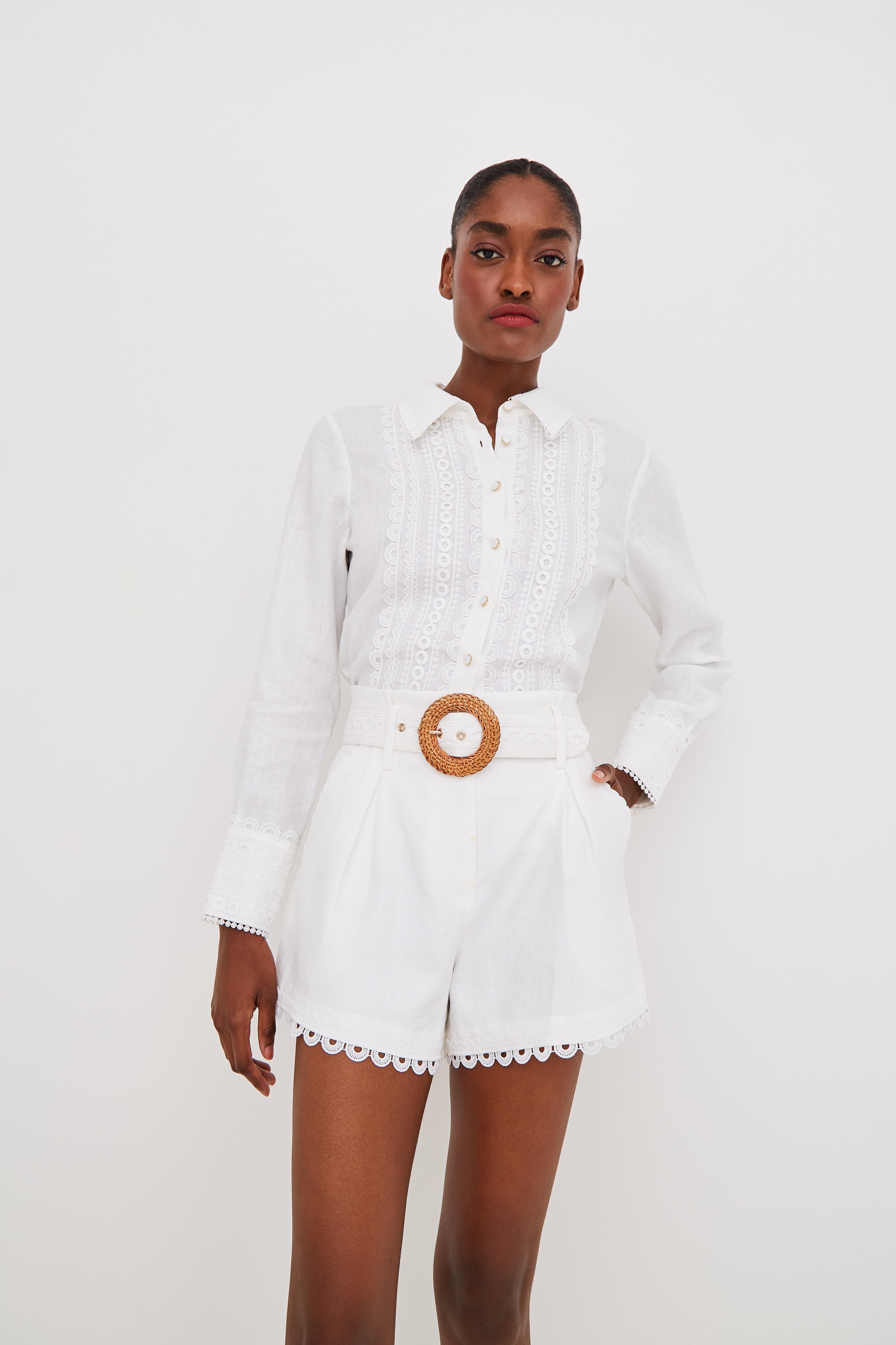Ideal Shirt in Linen with Lace Inserts | Cara Cara New York