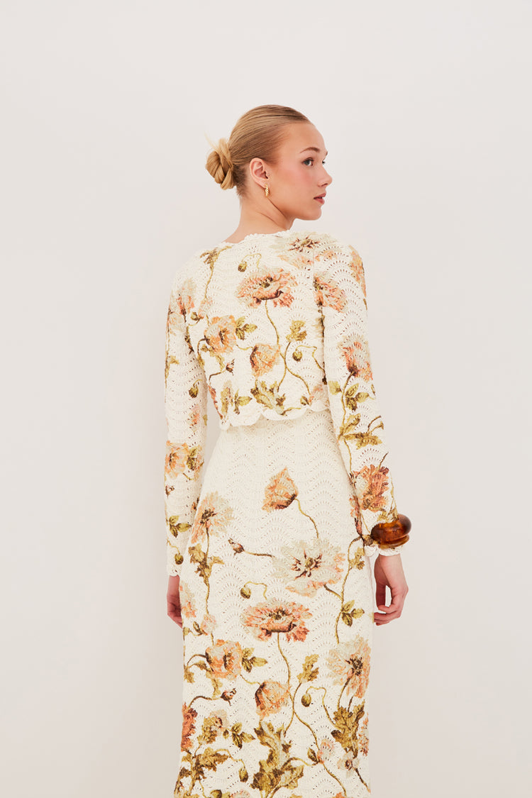 white christmas dresses Farm Rio Cream Royal Garden Long Sleeve Crochet Midi Dress, Malu Winter White / M main image 1