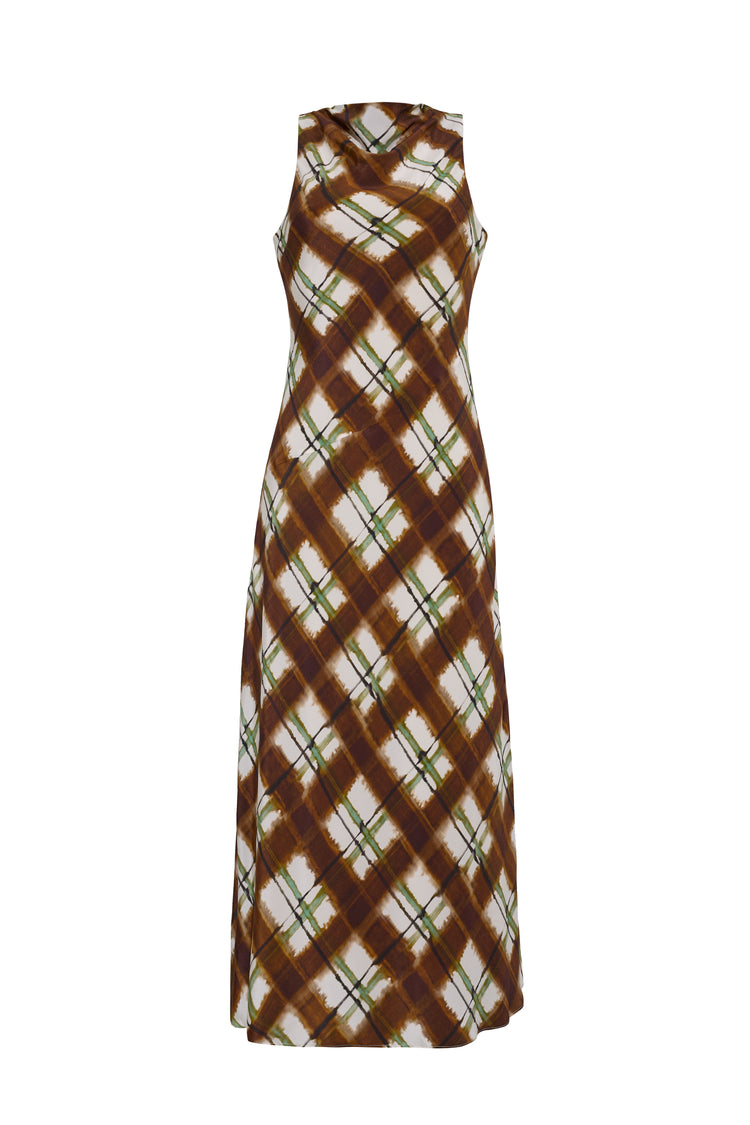 silk plaid dress Crystal Midi in Painted Brown 00 Siren Gaze Women Summer All Sizes:8 Cut on the bias bohemian soul