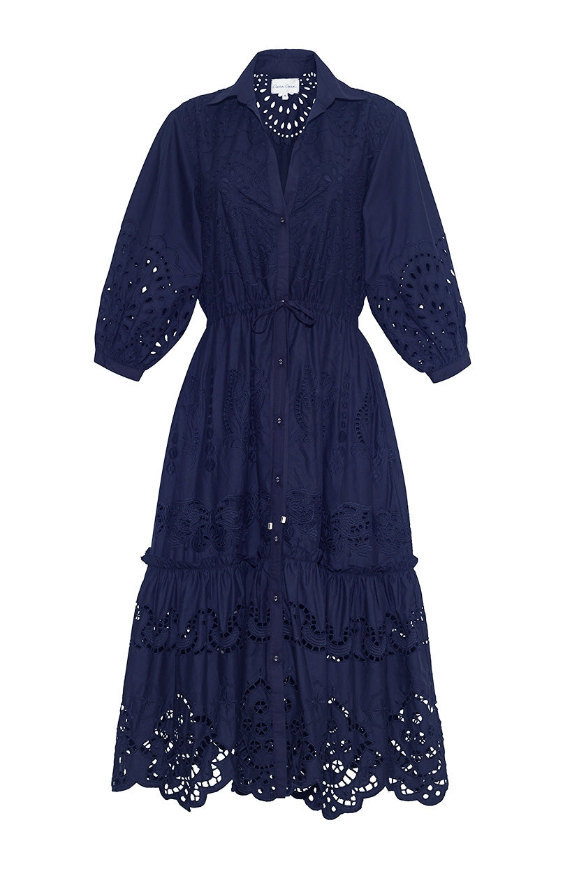 Hutton Dress L / Navy Embroidered Eyelet
