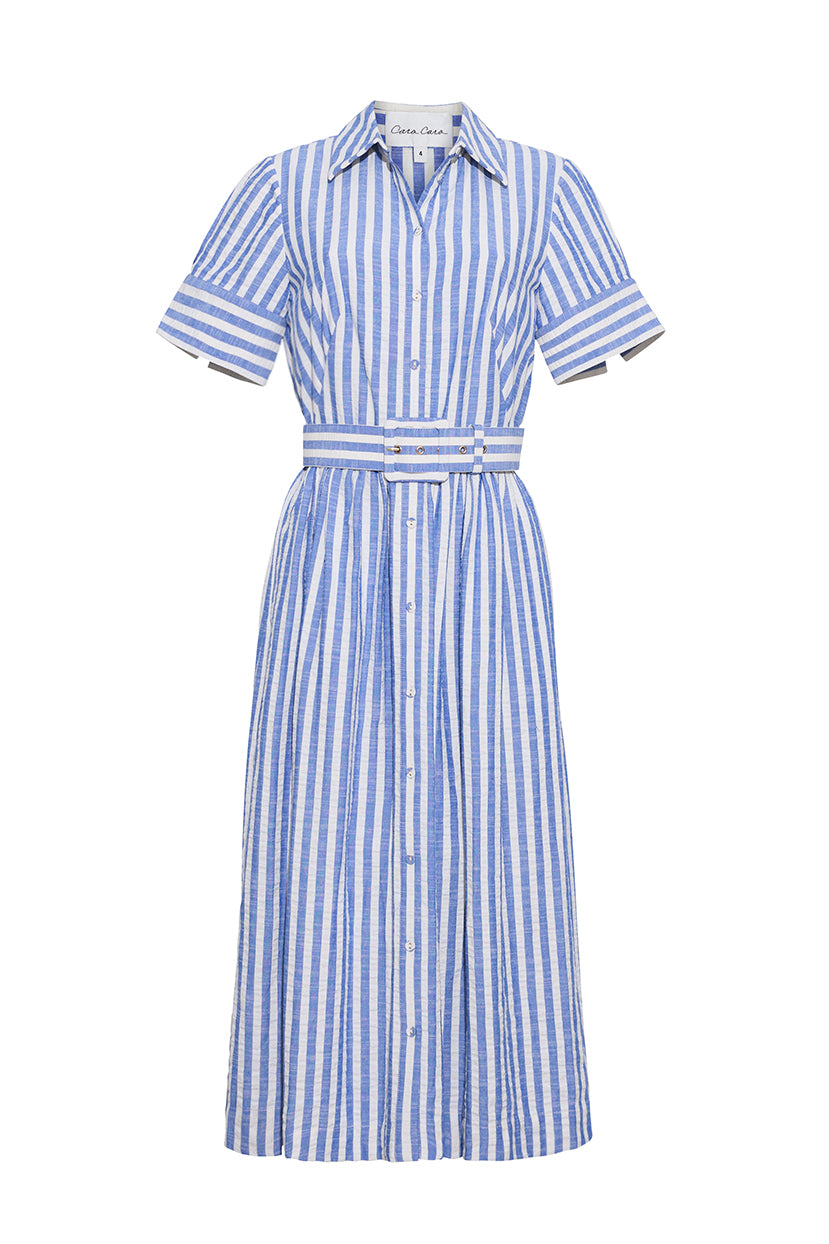 seersucker dresses Blue Seersucker Stripe Zip Front Midi Dress main image 1